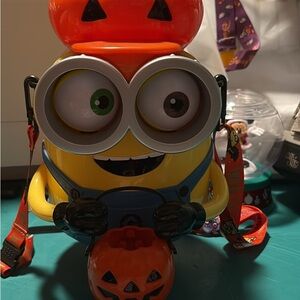 Minion Halloween Candy Bucket with Pumpkin Hat - Yellow & Orange Popcorn Bucket